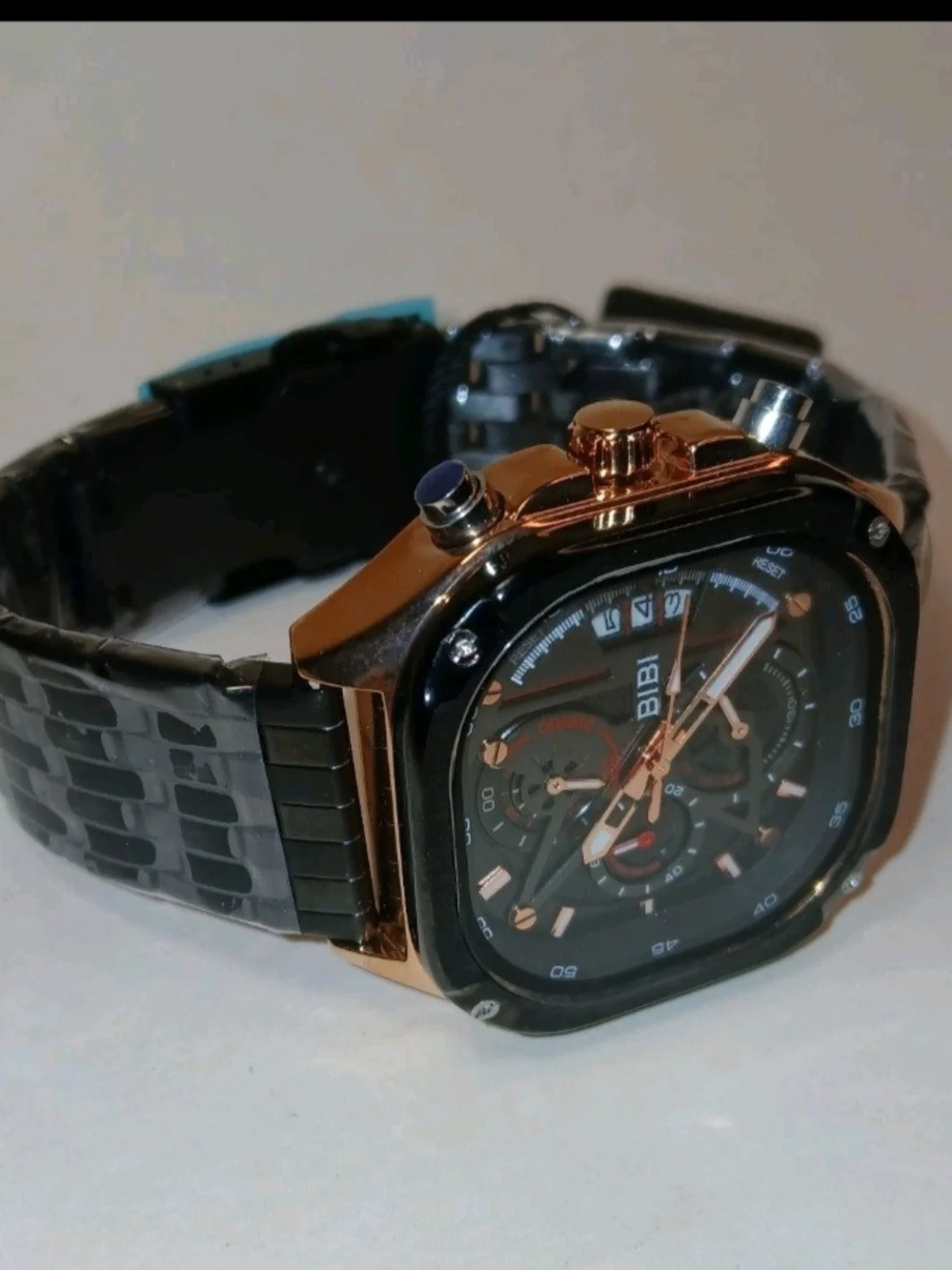 BIBI Mens Modern Square Case Quartz Watch Rose Gold Accent Black Steel Band NEW